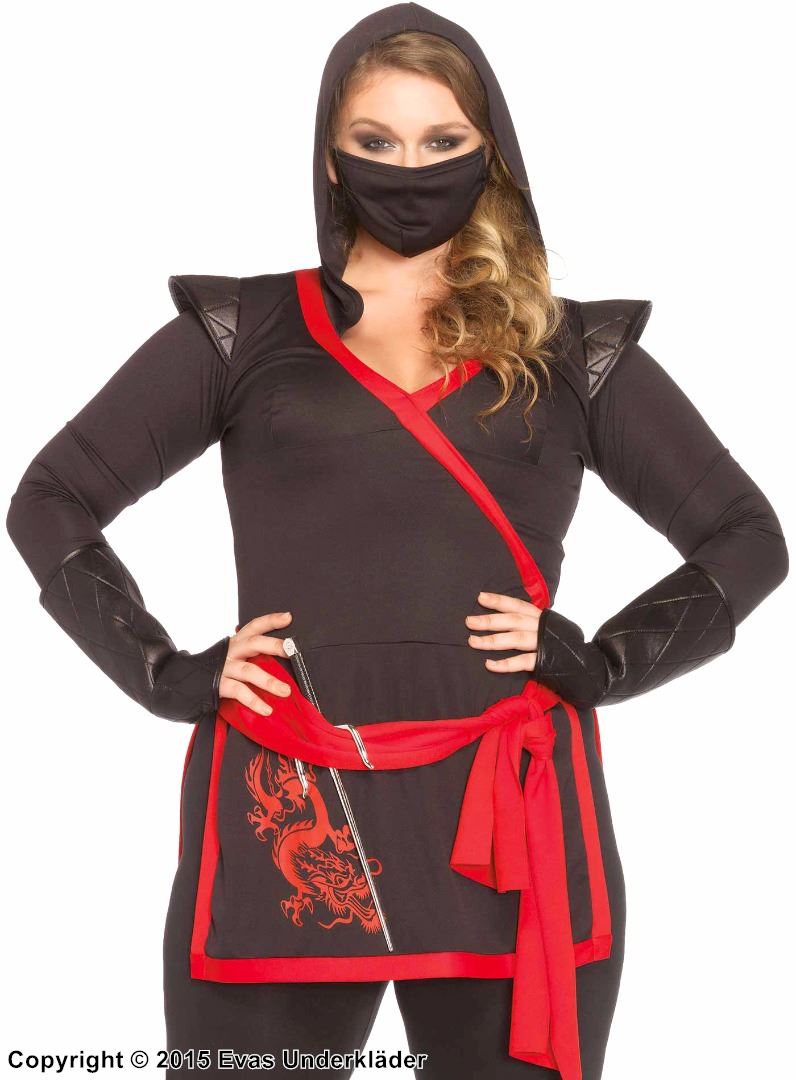 Weibliche Ninja (auch Kunoichi genannt), Kostüm-Oberteil und -Hose, Kapuze, Schärpe, Drachen, XL bis 4XL